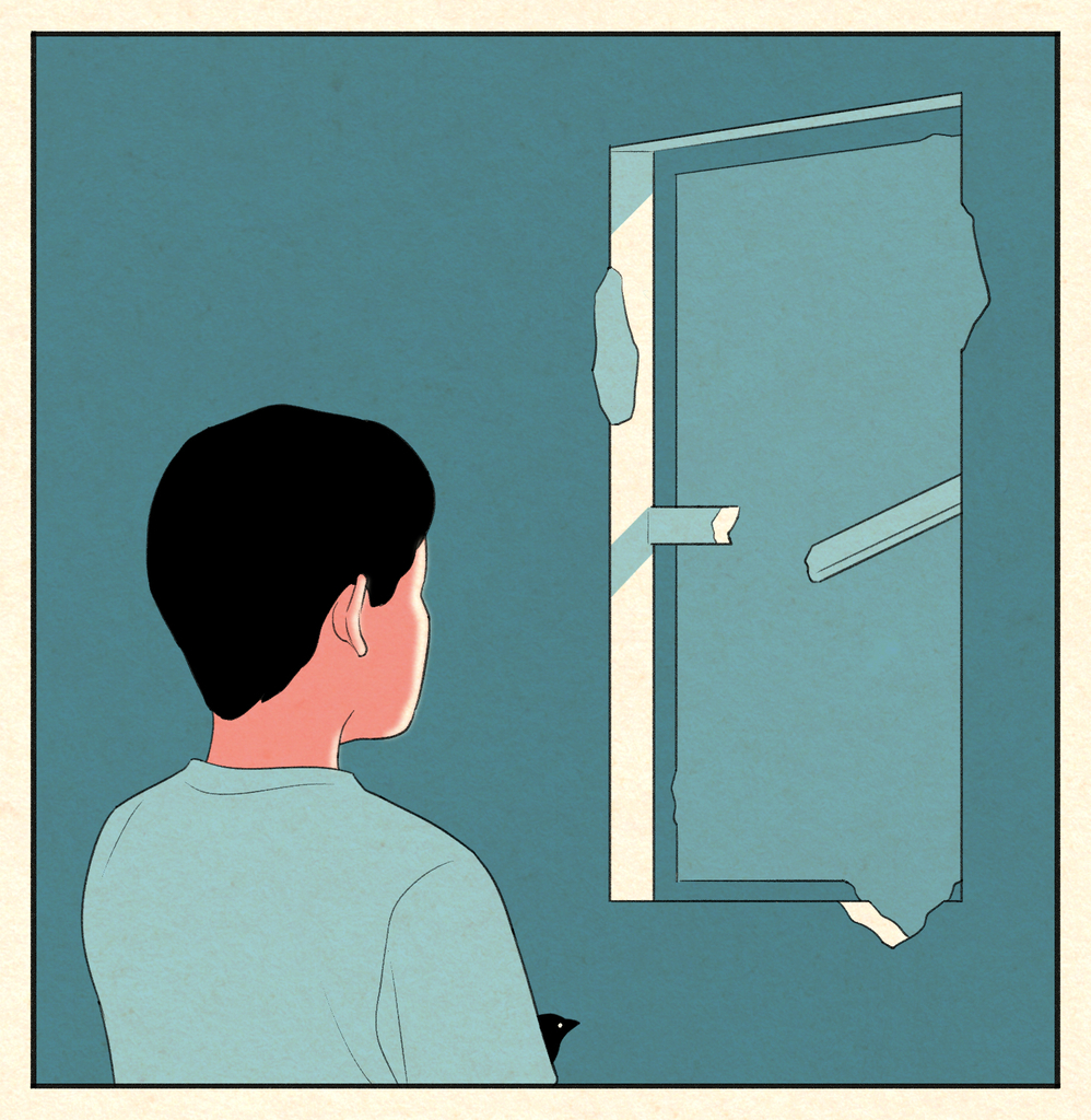 a panel shows a boy looking out a window