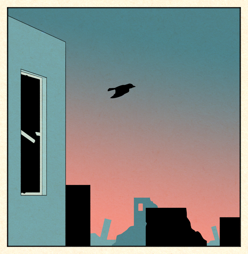 a bird flies away over a city lit with a pink and blue sky