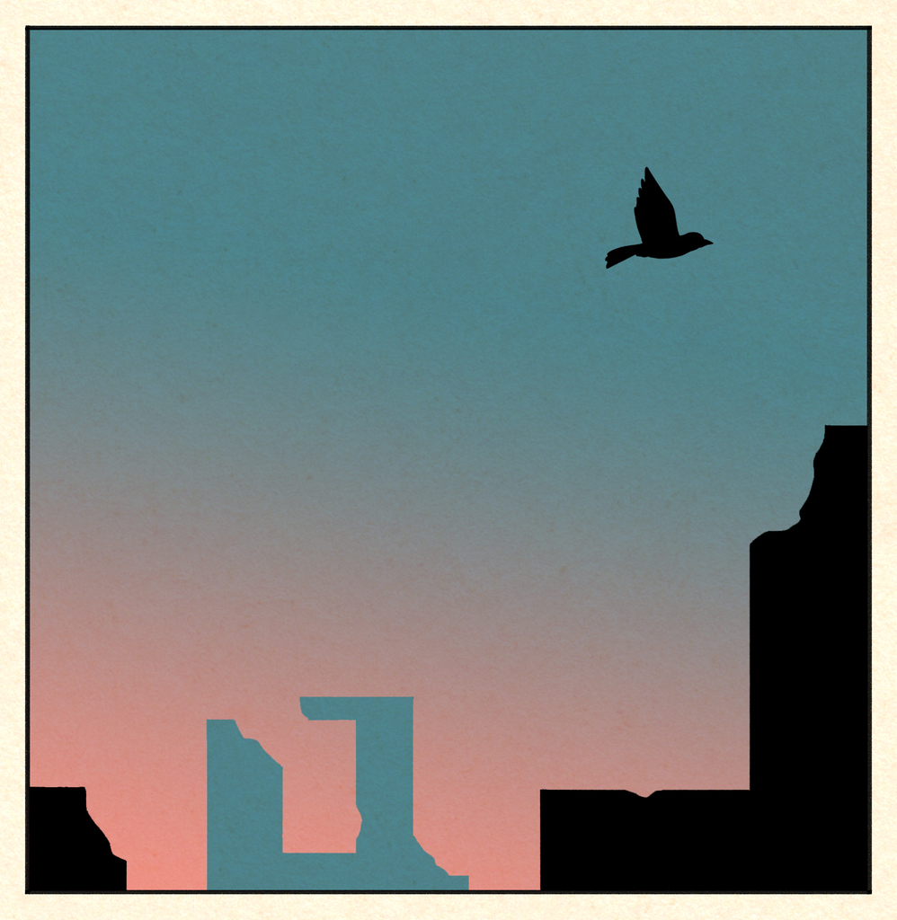 a bird flies over ruined buildings in a city