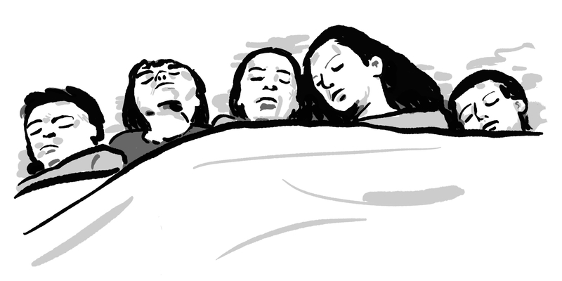 a family of people sleeping in bed