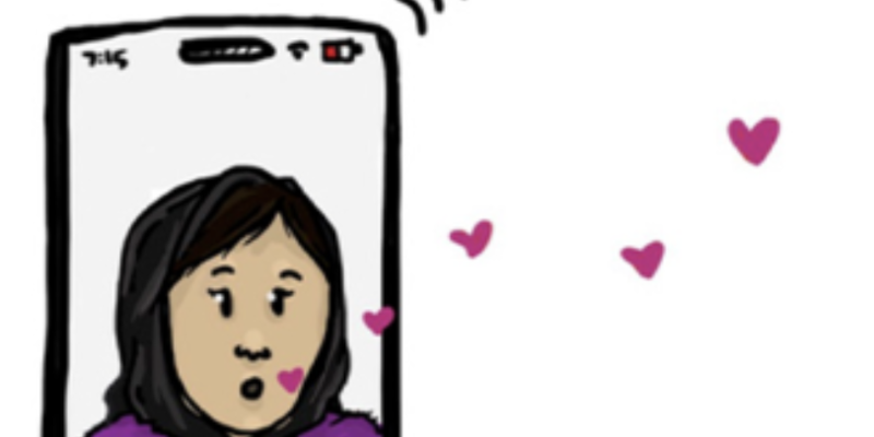 A woman in a hijab is seen on a phone with hearts coming out of her mouth
