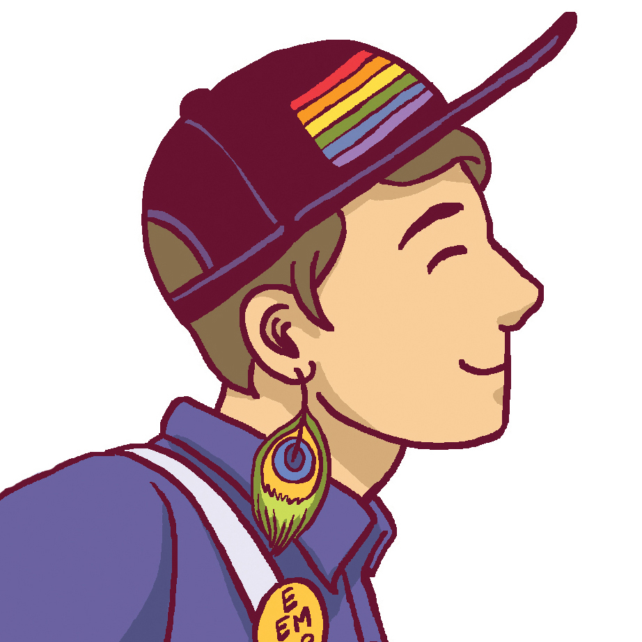 Maia Kobabe, smiling and wearing a hat with a rainbow flag on it. 