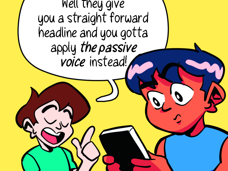 A panel shows two people playing a game where they rewrite a headline into passive voice