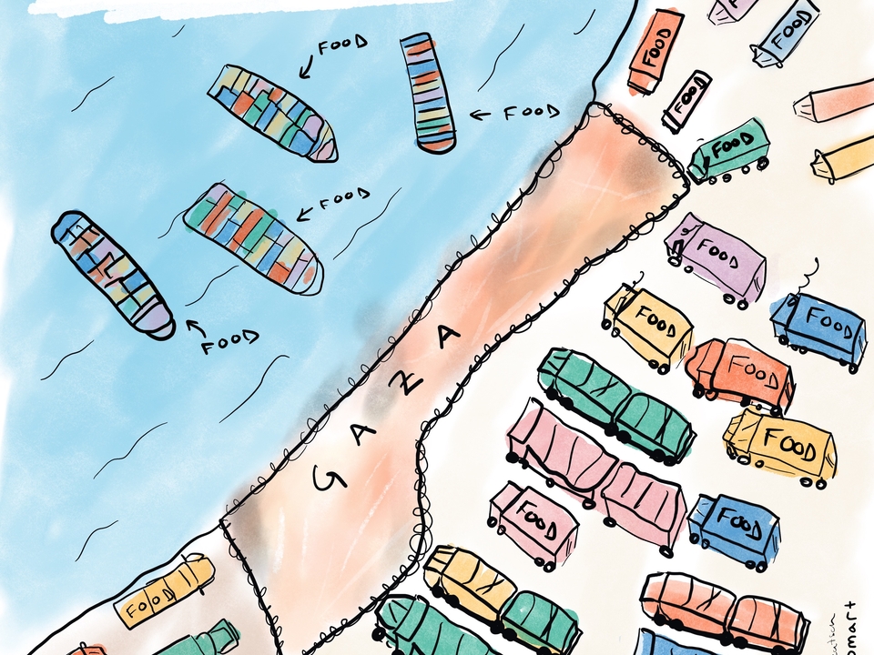 A map of Gaza surrounded by barbed wire that keeps out food trucks and ships, under the text "this is a man-made famine."