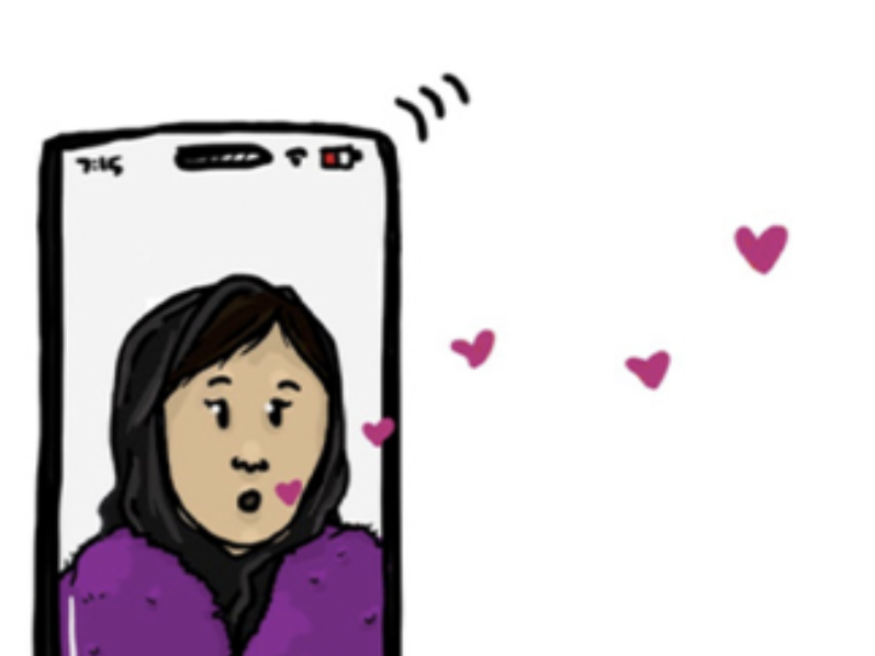 A woman in a hijab is seen on a phone with hearts coming out of her mouth